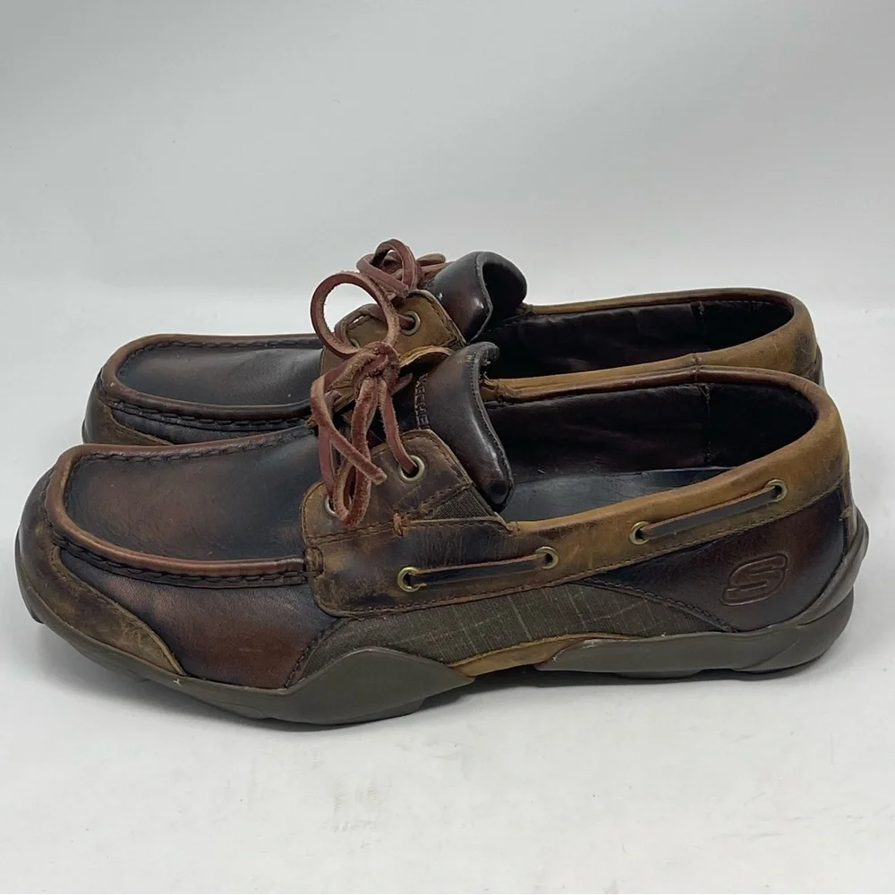 Skechers Boat Deck Shoes Mens 8 Brown Leather Casual 2 Eye Driving Moc Toe
